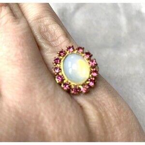 Vintage Opalescent Cabochon Ring Pink Rhinestone Halo Gold Tone 5.75